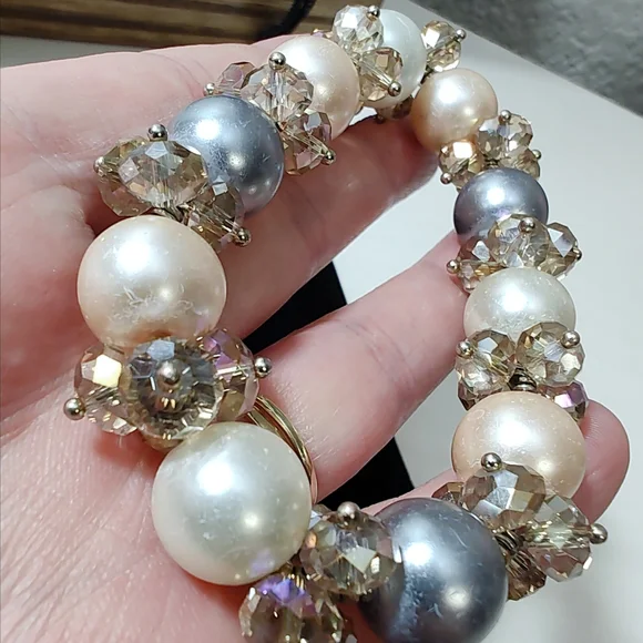 Vintage 3 piece Stretch Bracelet Lot Bundle Glass Bead AB Faux Pearls Enamel - Picture 7 of 11